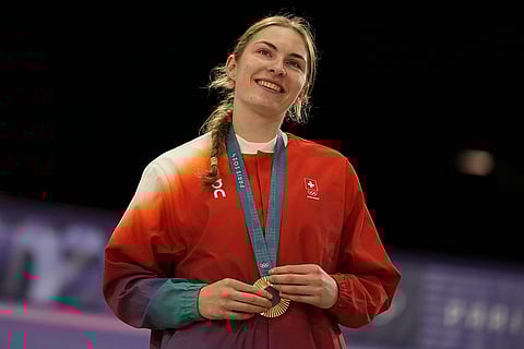Women's BMX racing medal ceremony: Bronze medalist Zoe Claessens of Switzerland